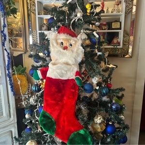 Vintage Christmas Stocking Santa w/eyebrows  26" long x 12" blue plastic eyes